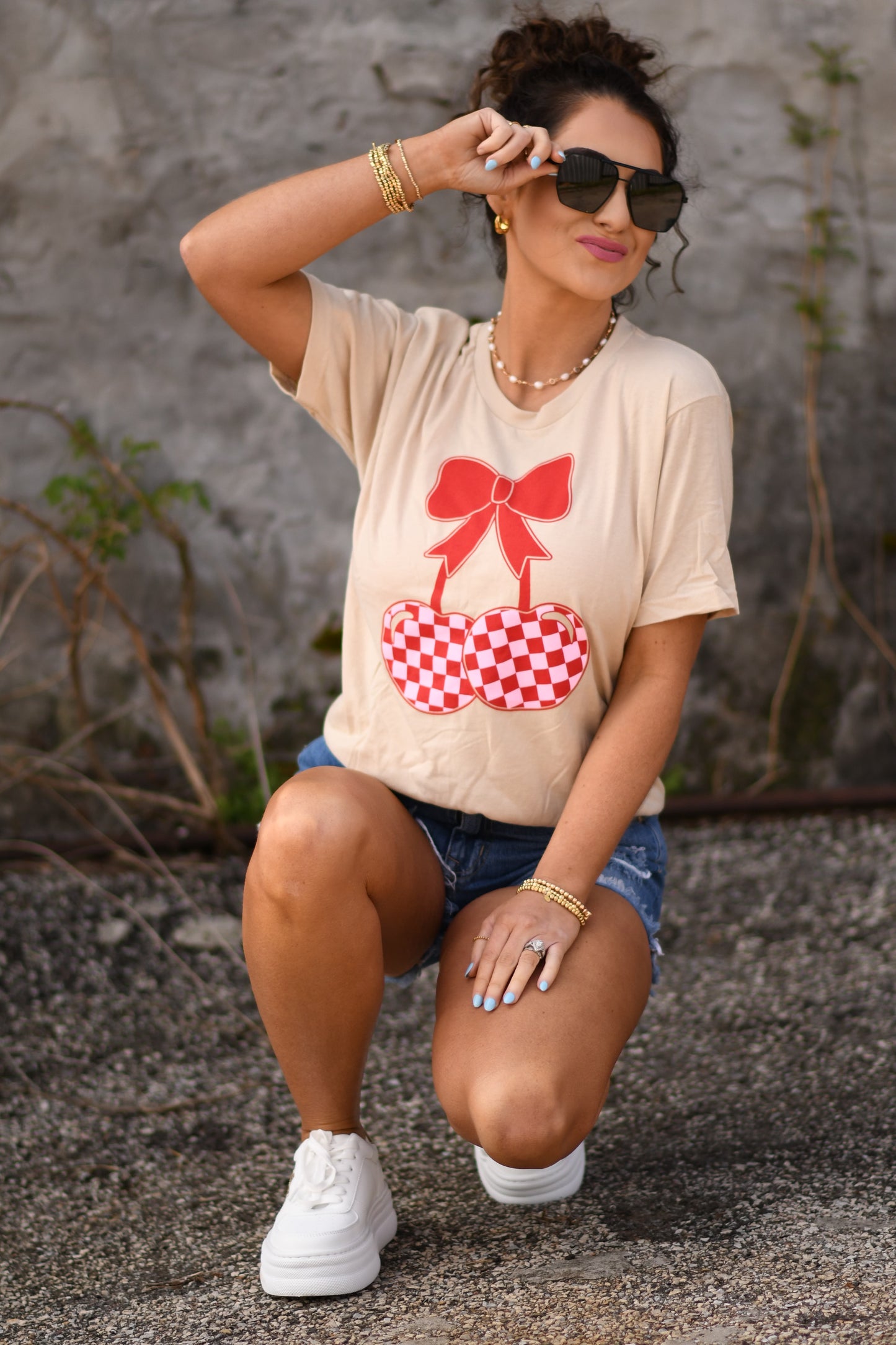 Love Me Checkered Cherry Tee