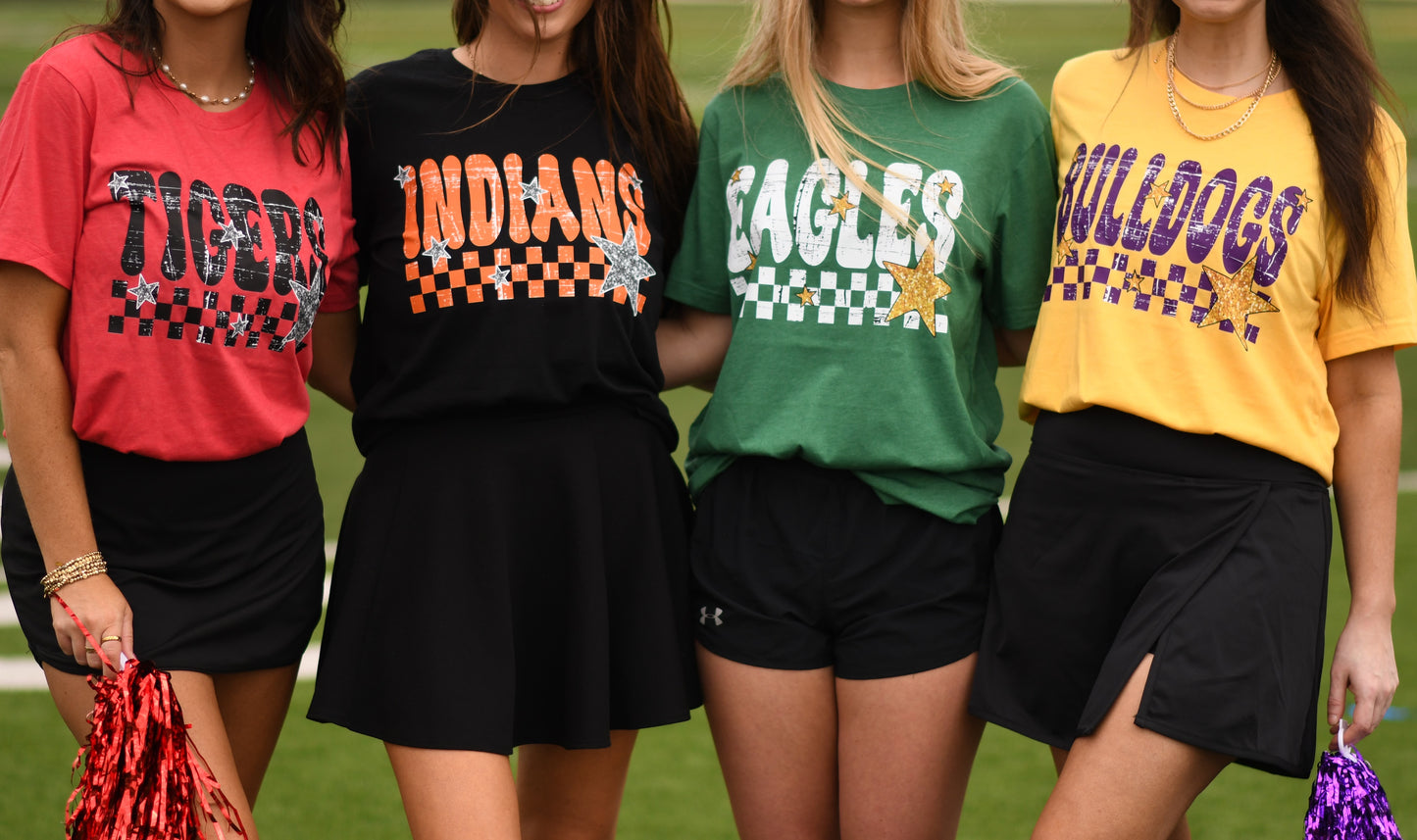 Checkered Faux Glitter Stars School Spirit Custom Tee