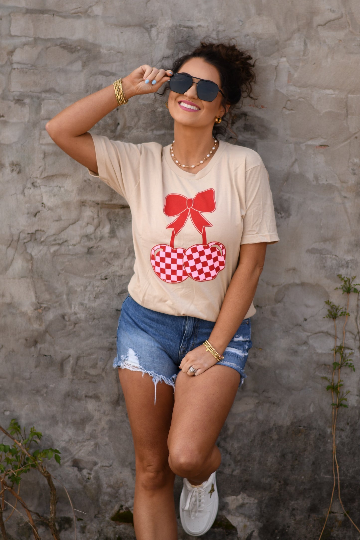 Love Me Checkered Cherry Tee