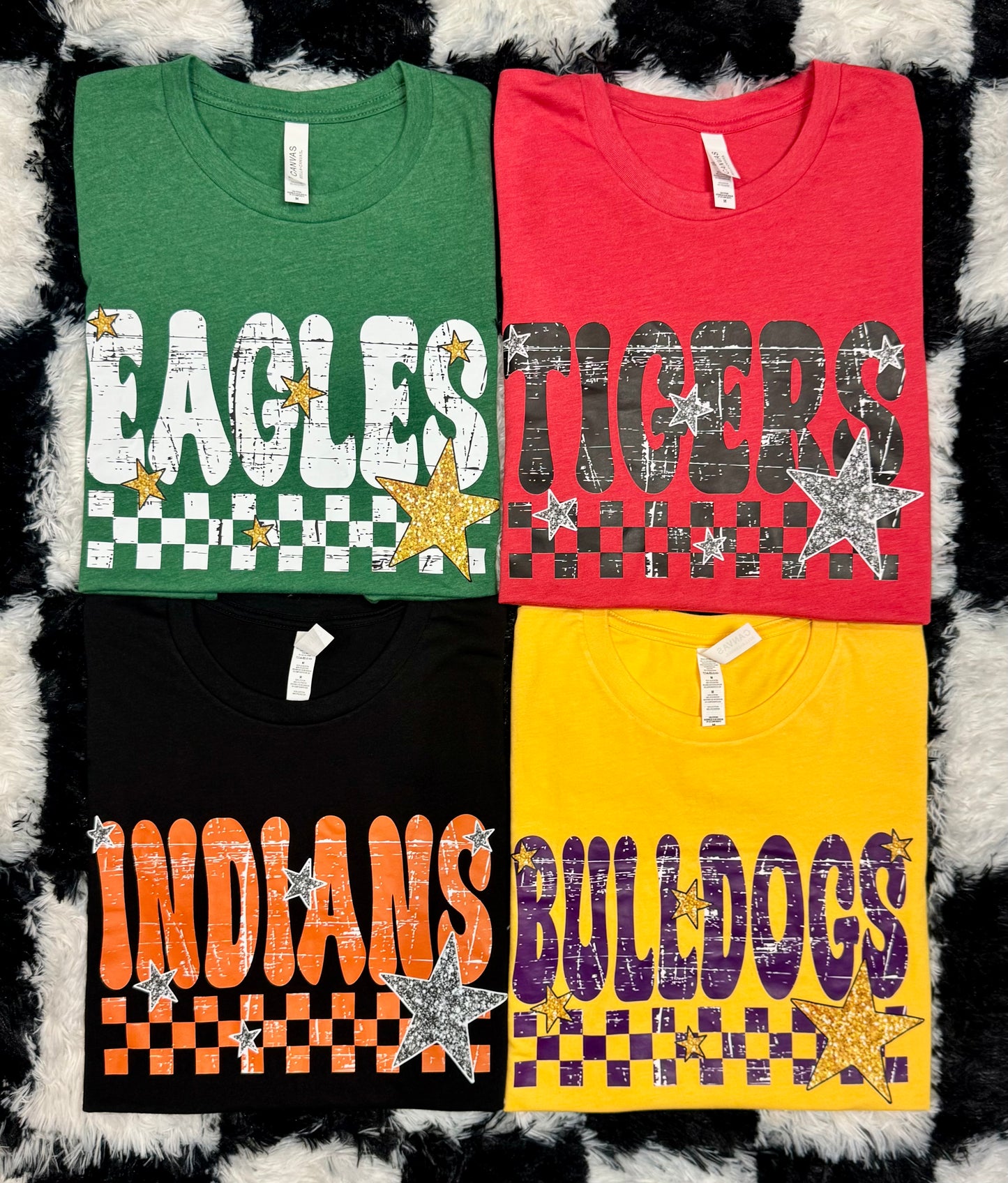 Checkered Faux Glitter Stars School Spirit Custom Tee