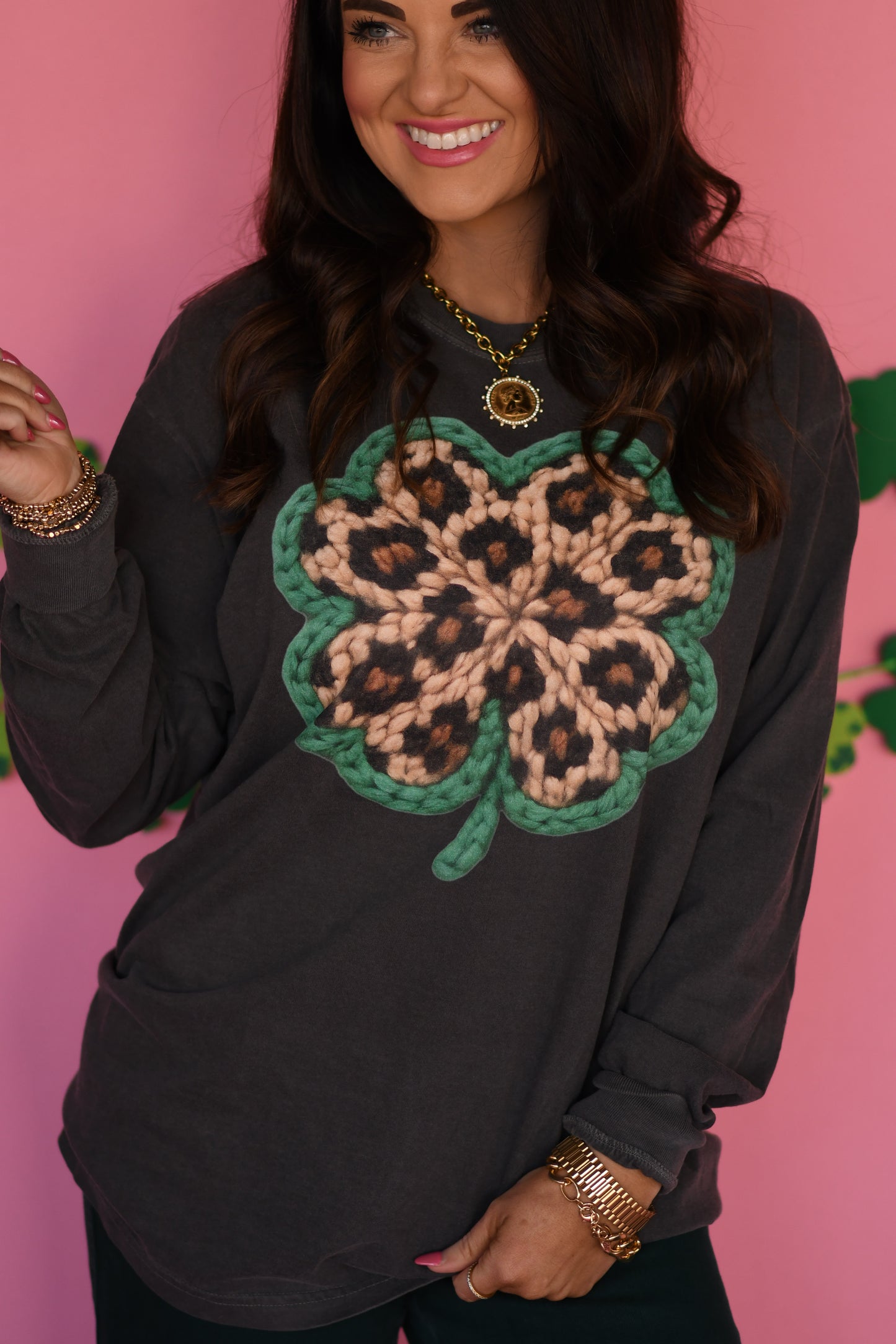 Faux Yarn Leopard Shamrock Long Sleeve/Tee