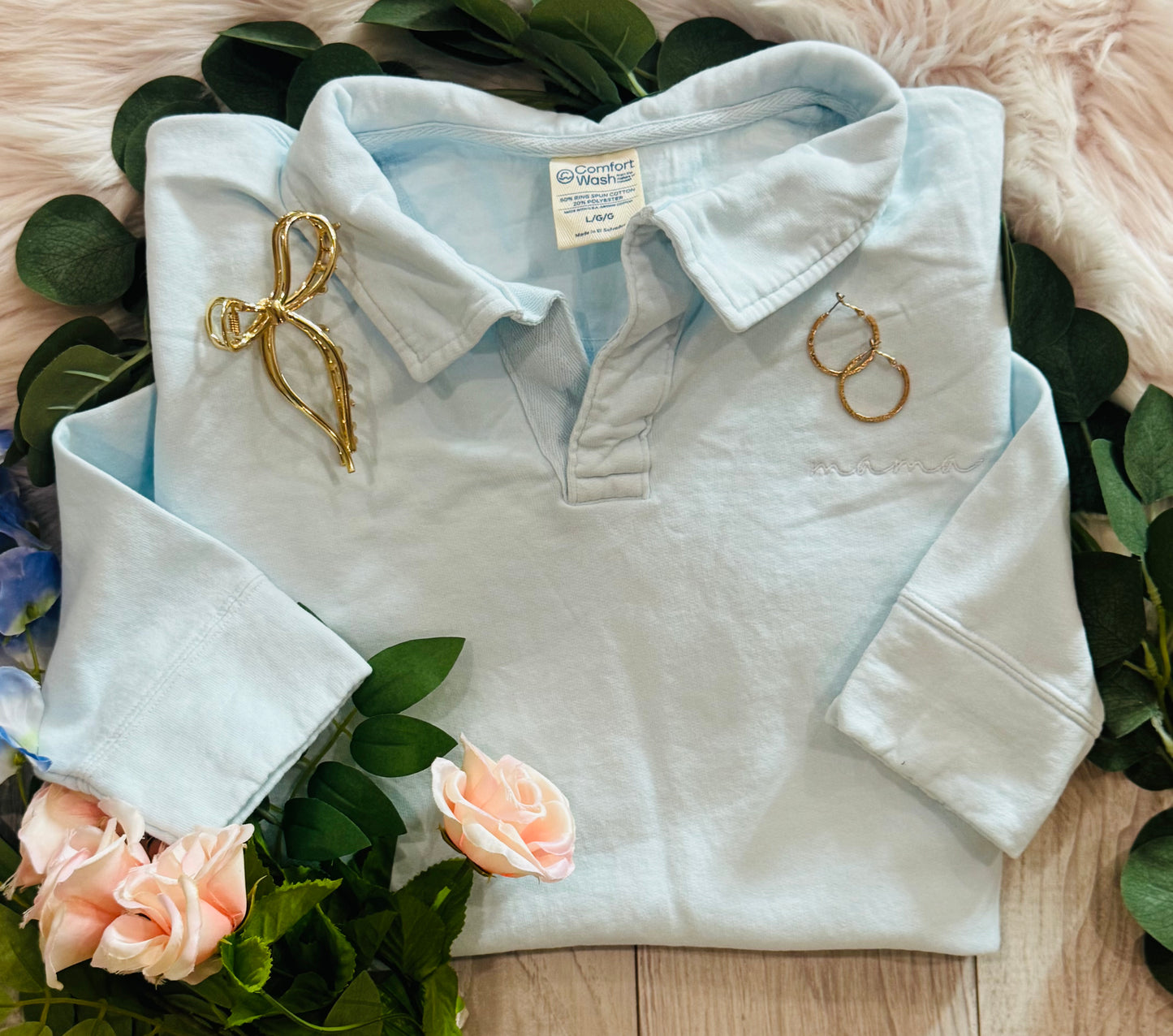 Chambray Dainty Mama Embroidered Split Neck Sweatshirt