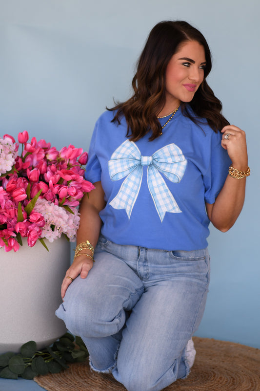 Blue Gingham Bow Tee