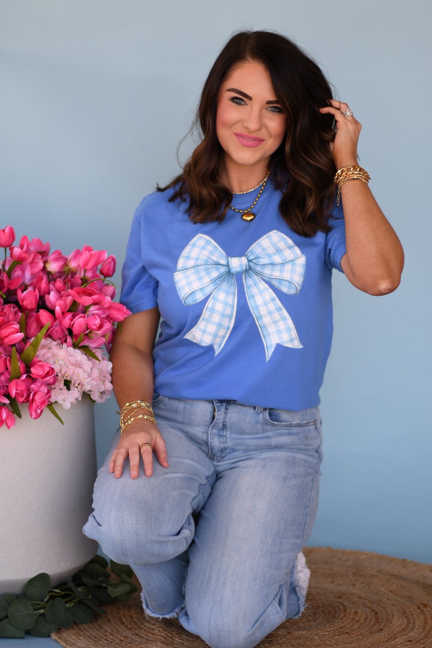 Blue Gingham Bow Tee