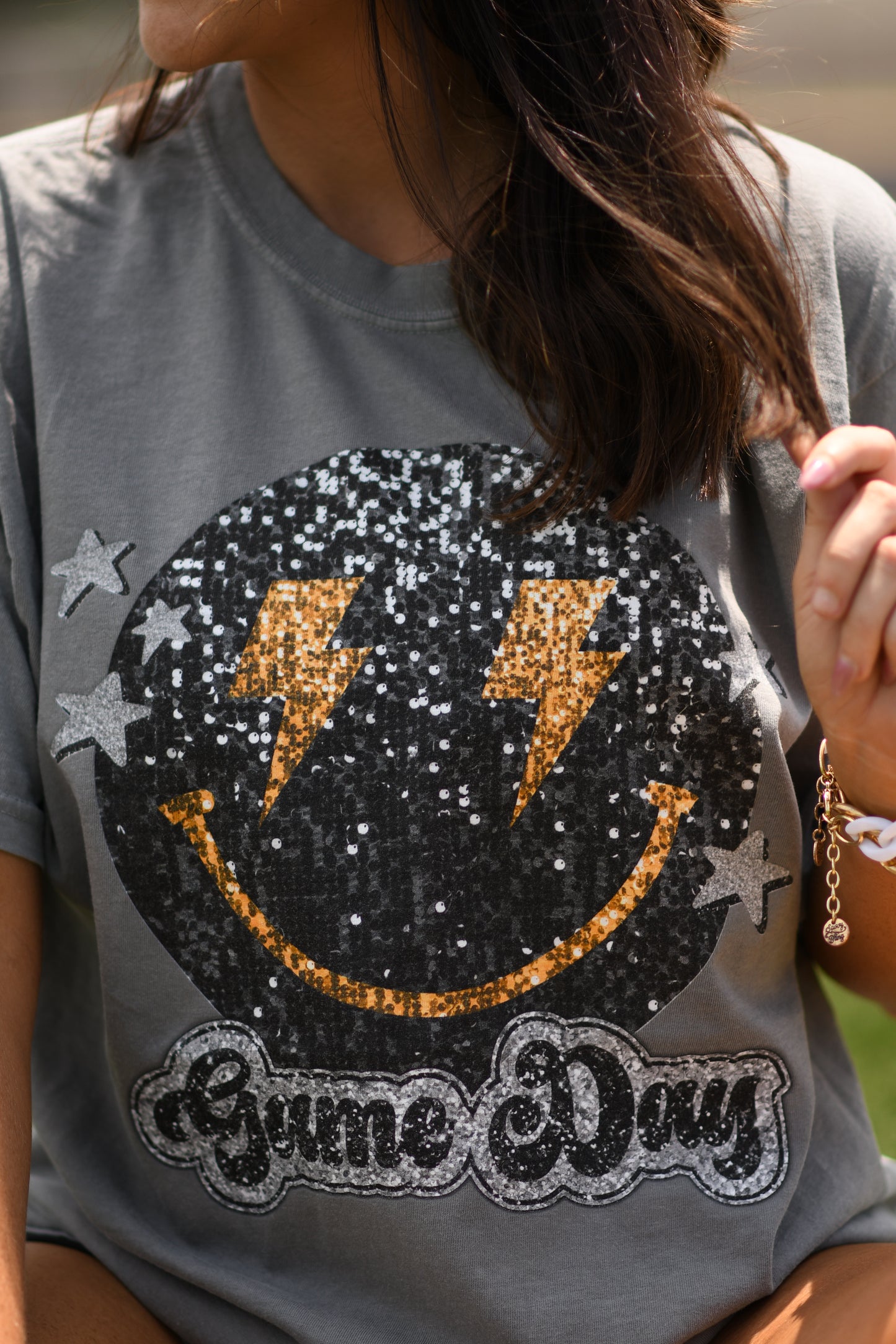 Game Day Smiley Faux Glitter Tee