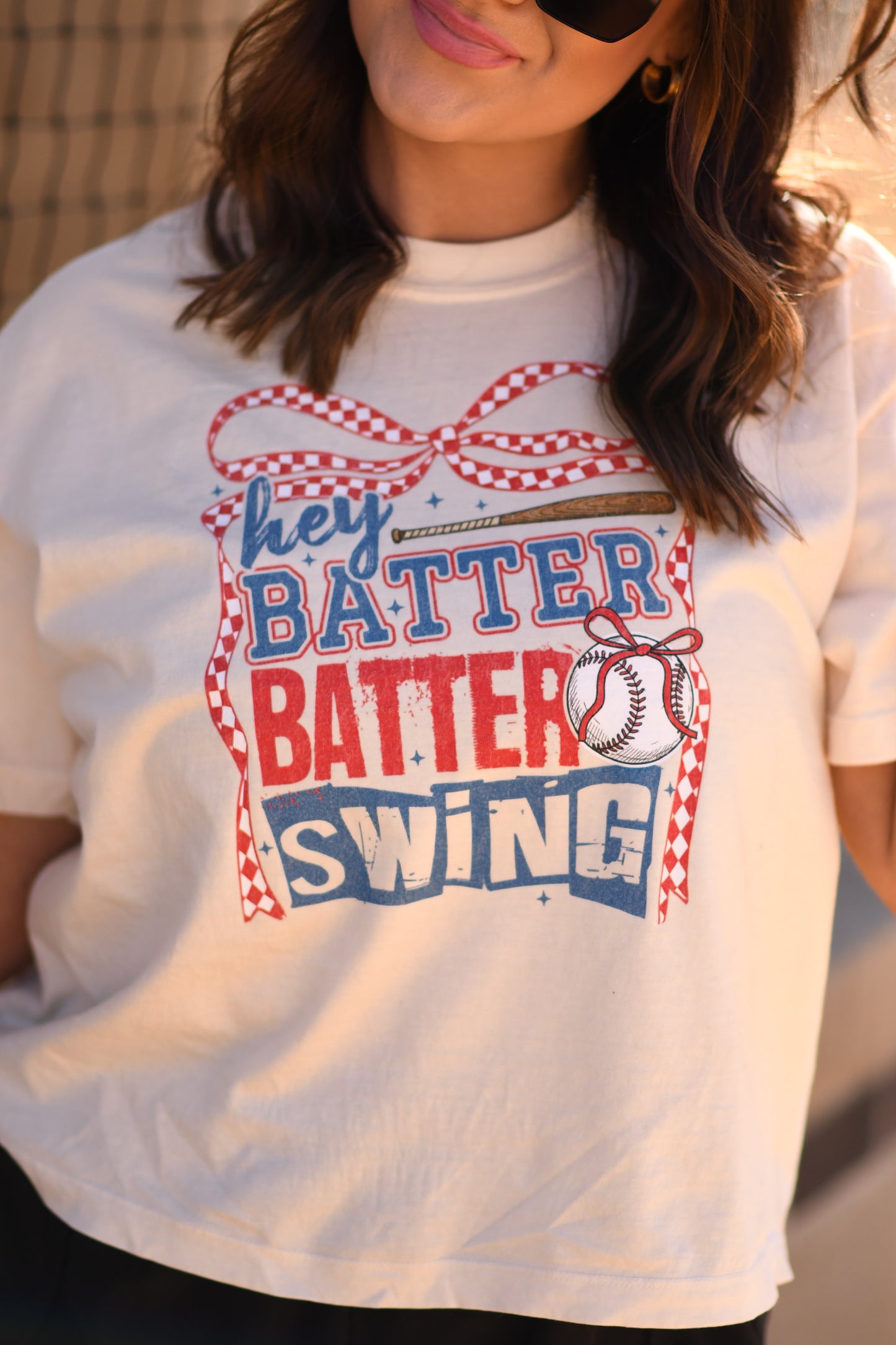 Hey Batter Batter Swing Checkered Bow Crop/Tee