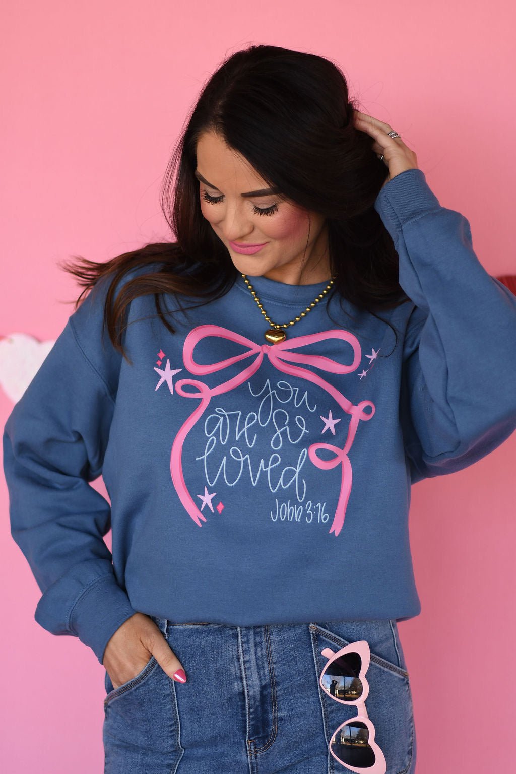 You Are So Loved Bow Indigo Sweatshirt