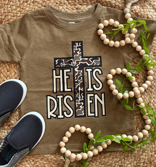 He Is Risen Camo Cross Tee