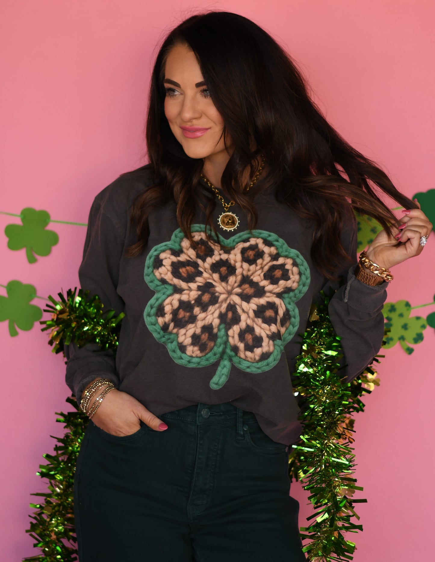 Faux Yarn Leopard Shamrock Long Sleeve/Tee